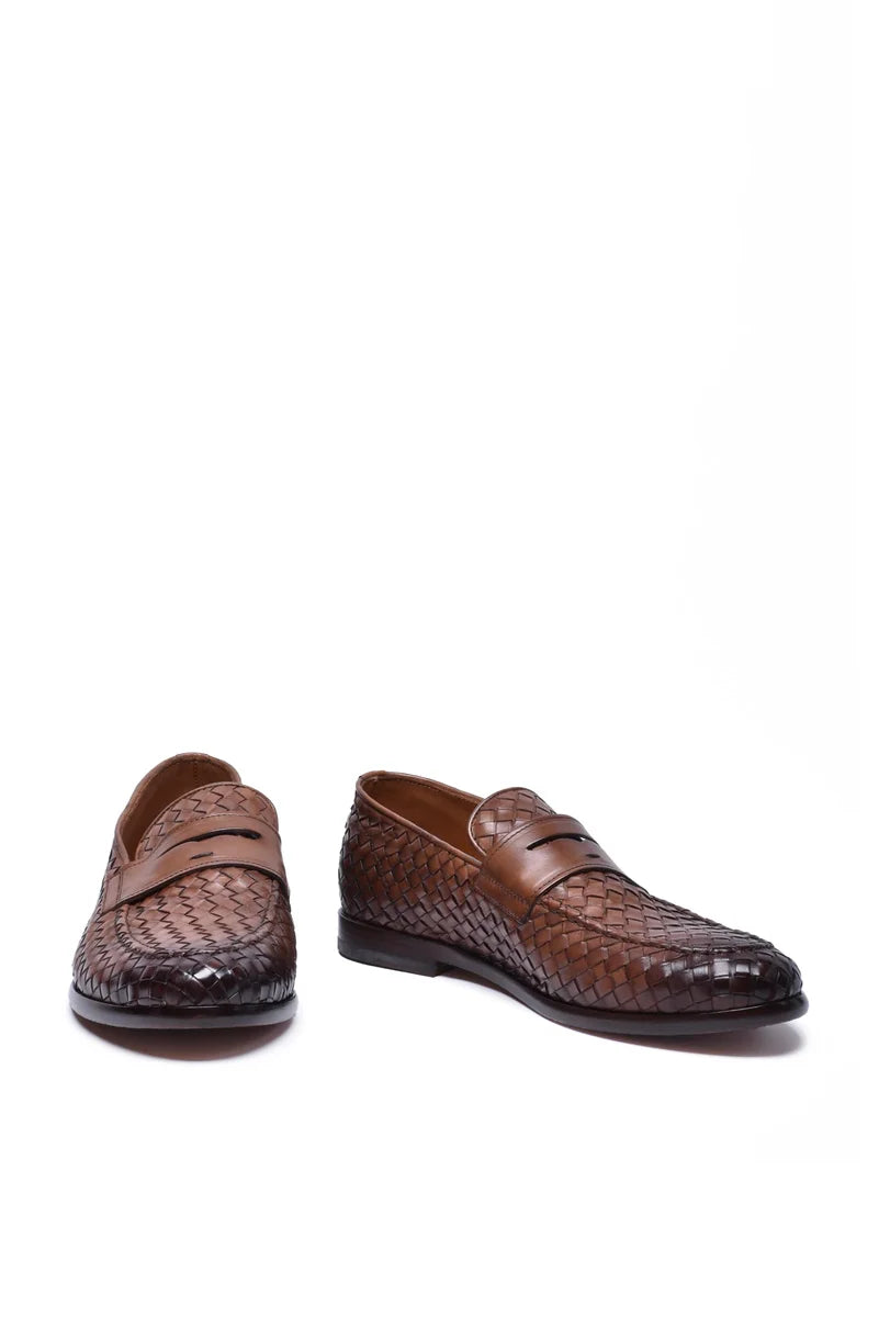 Woven Leather Loafers - Brown