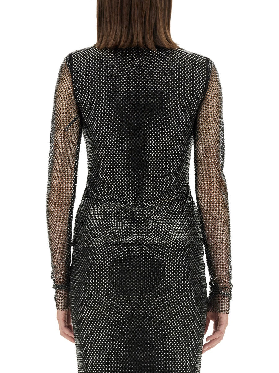 Fitted Long-Sleeve Top With Sheer Mesh Sleeves