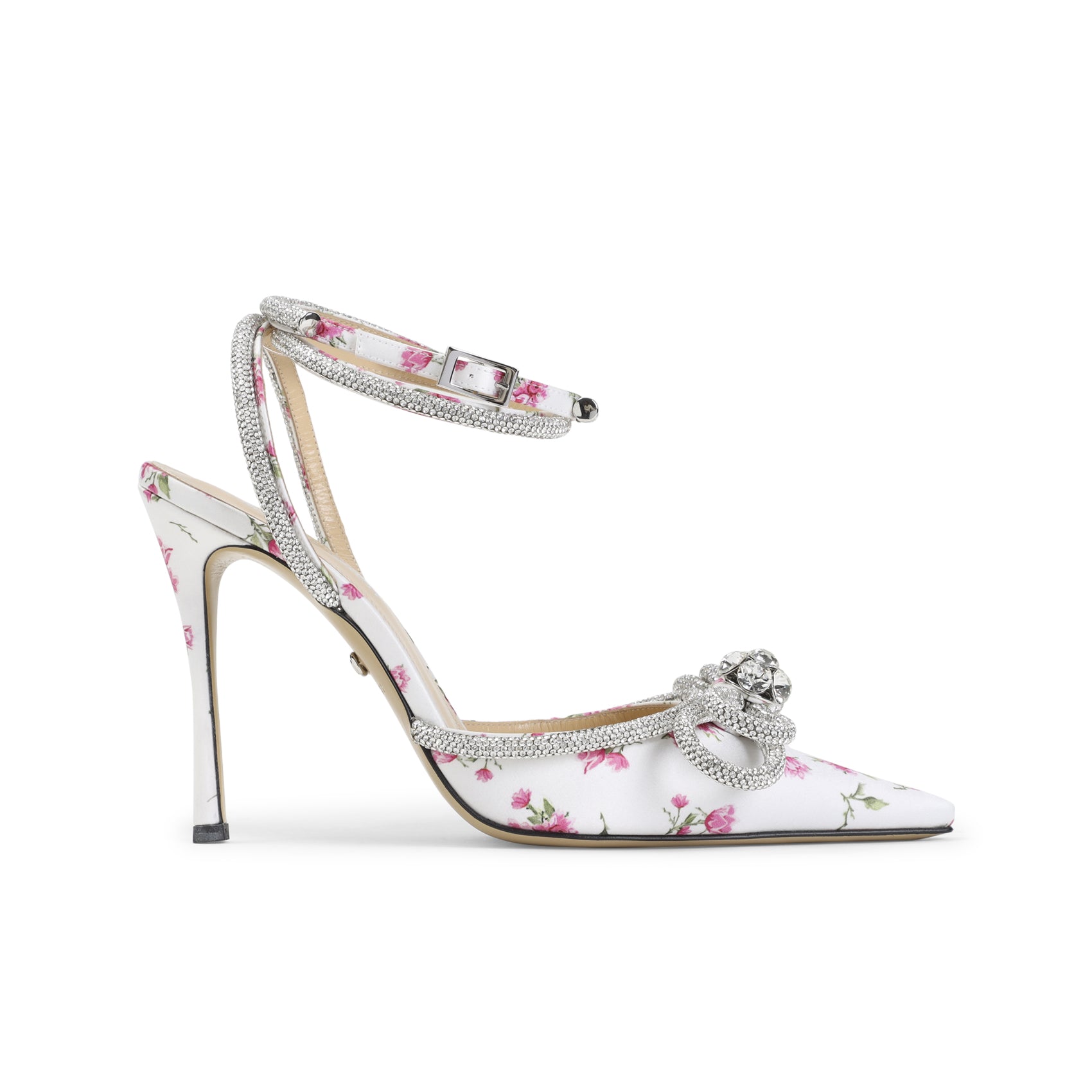 Pointed-Toe High-Heeled Sandals with Rhinestone Knot Detail