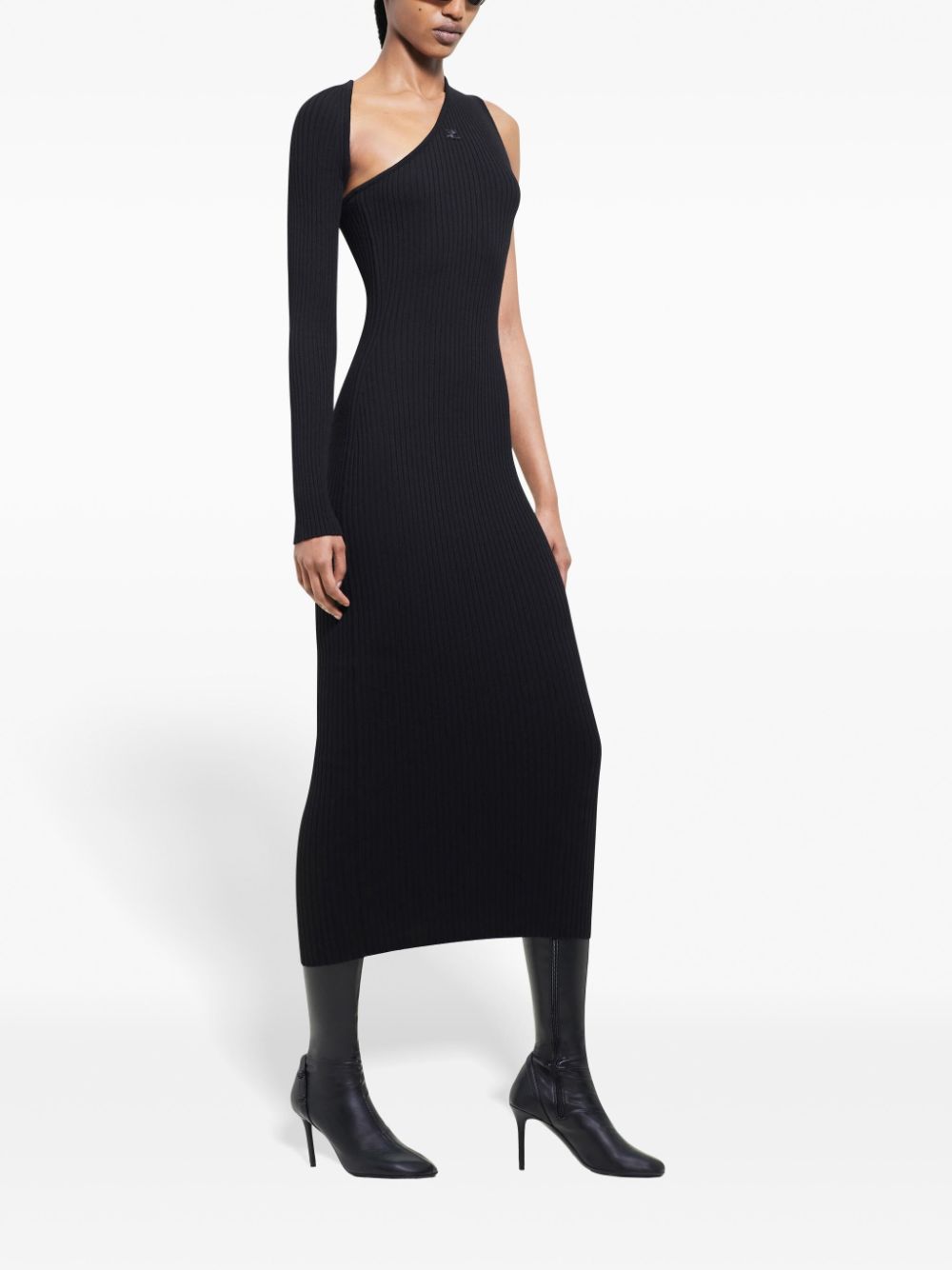 Asymmetric Black Ribbed Midi Dress