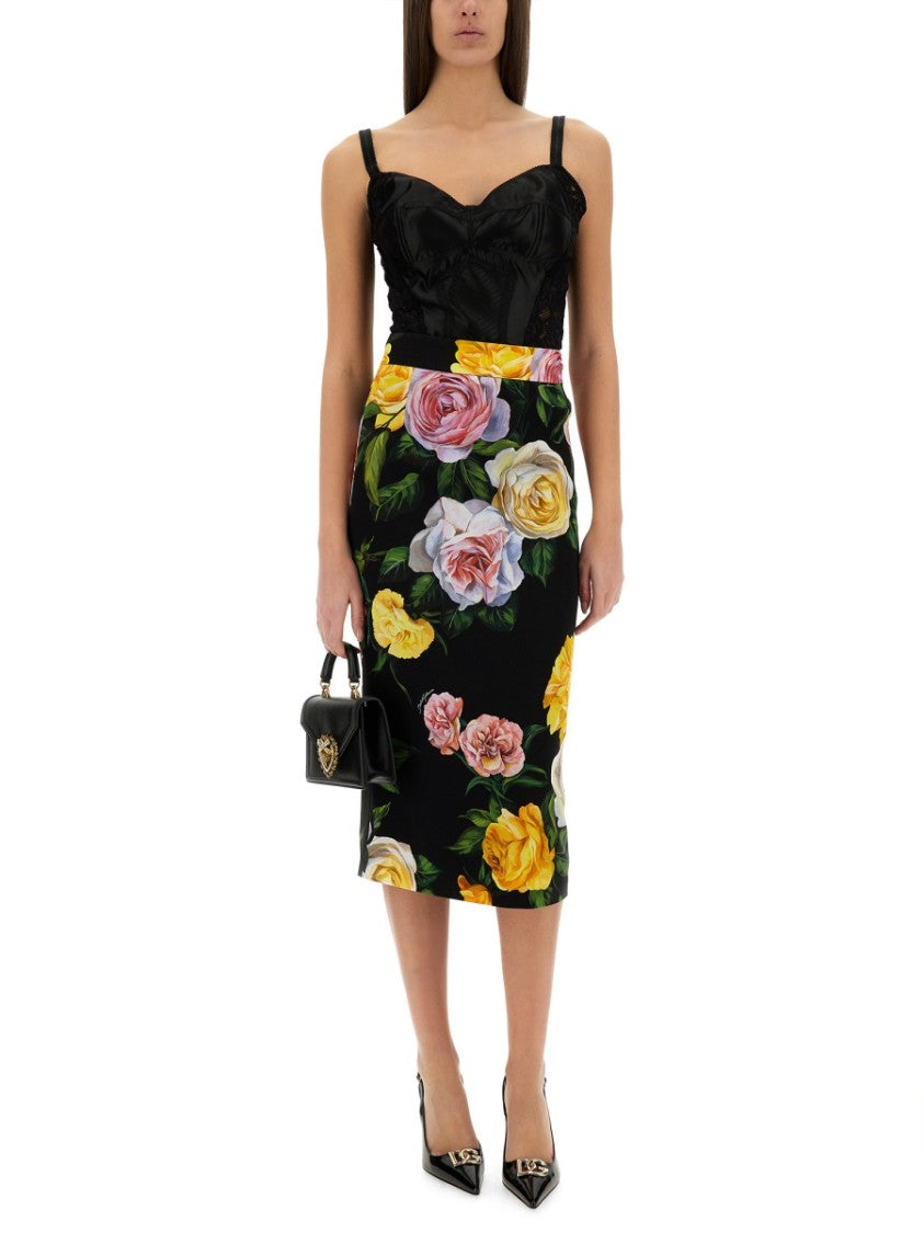 Peony And Rose Print Charmeuse Longuette Skirt