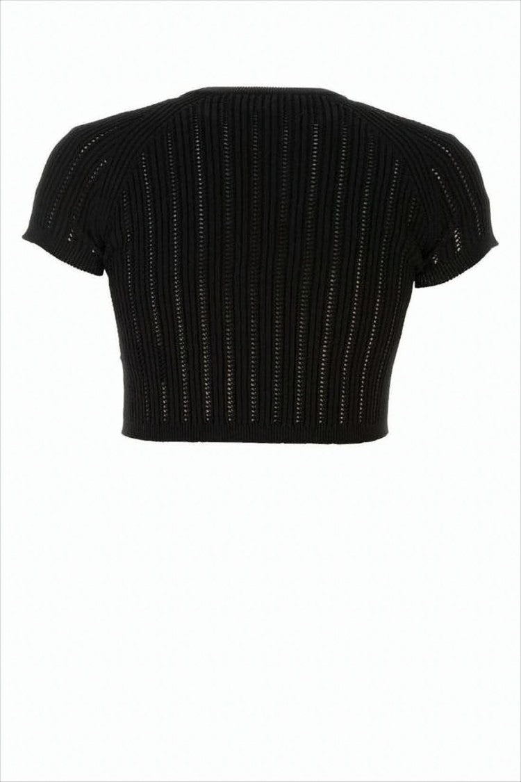 Cropped Short-Sleeve Knit Top with Decorative Gold Buttons