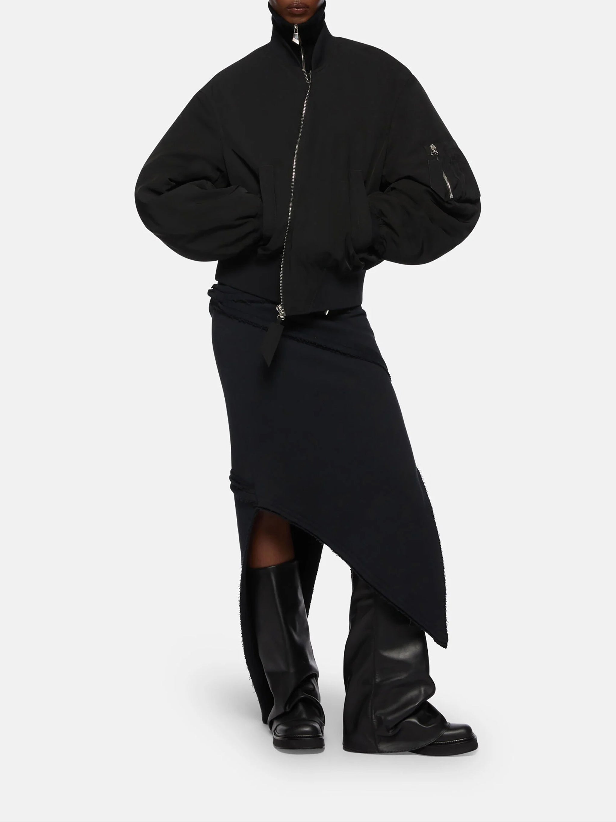 Black Bomber Cropped Balloon-Sleeve Jacket
