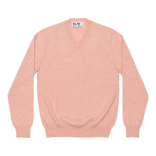 V-Neck Pink Wool Sweater with Ribbed Cuffs