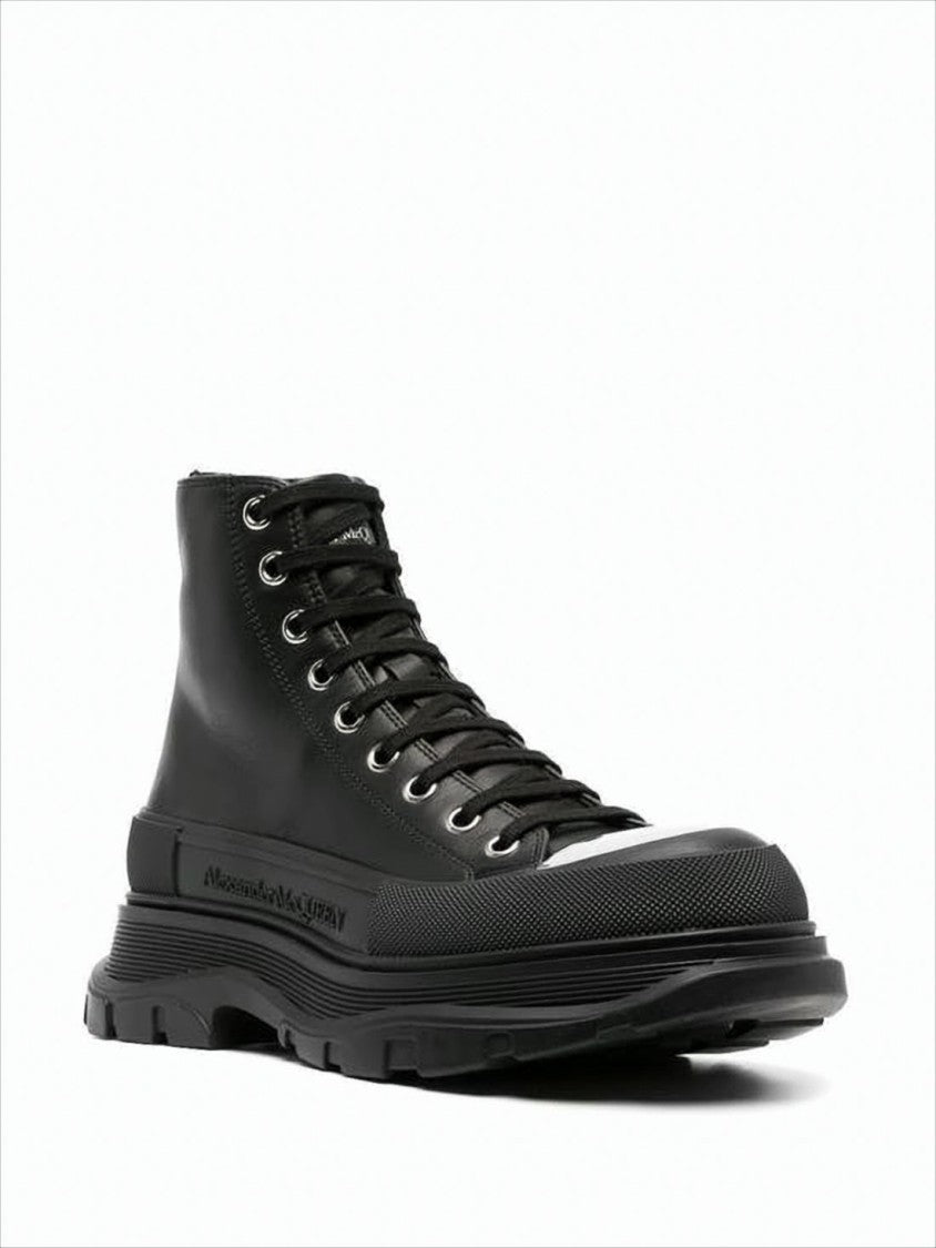 High-Top Leather Boots with Metallic Cap Toe