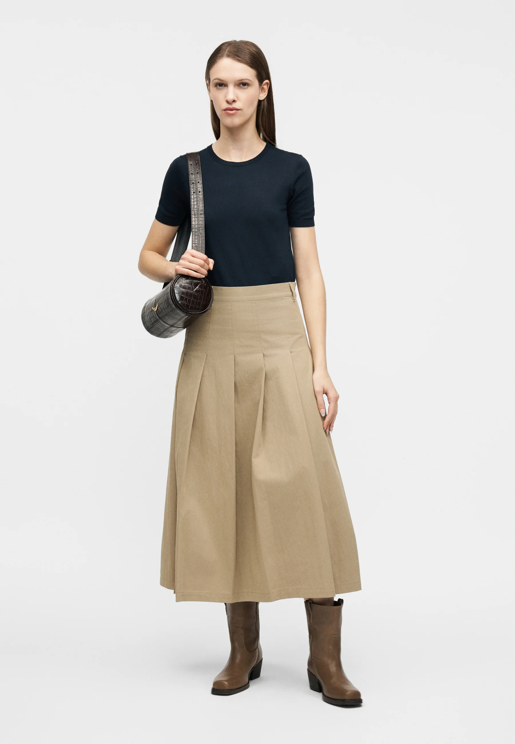 Brown Cotton Blend Midi Skirt