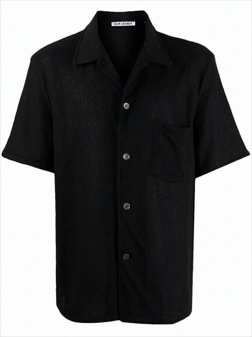 Textured Black Short-Sleeved Shirt with Classic Collar