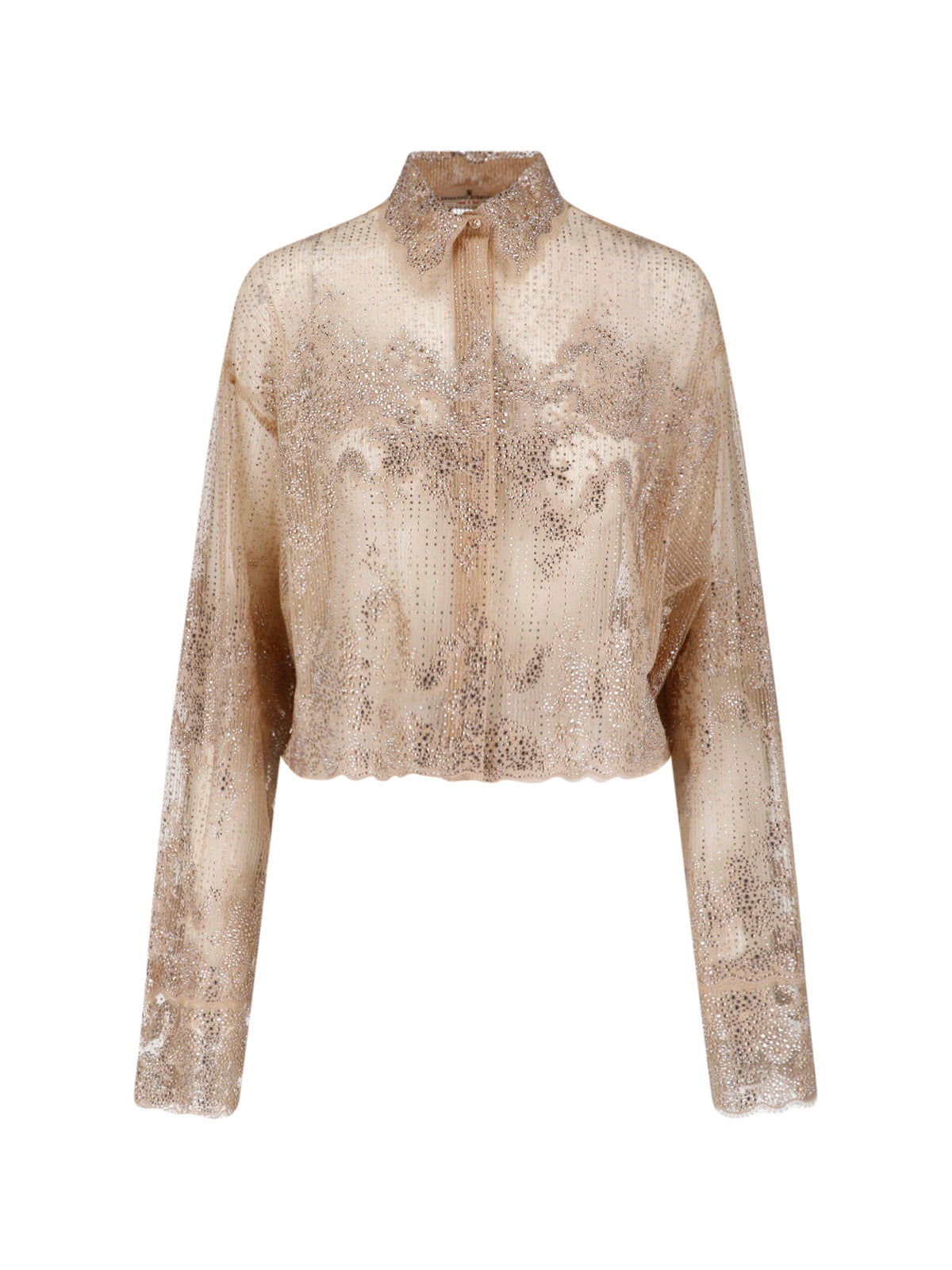Beige Lace Rhinestone Classic Collar Shirt