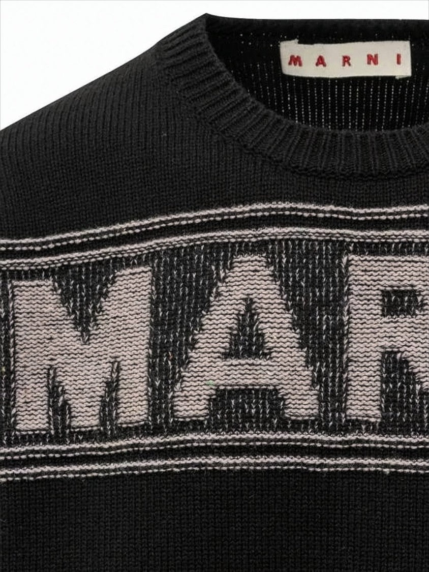 Crew Neck Sweater with Bold Logo and Contrasting Stripes