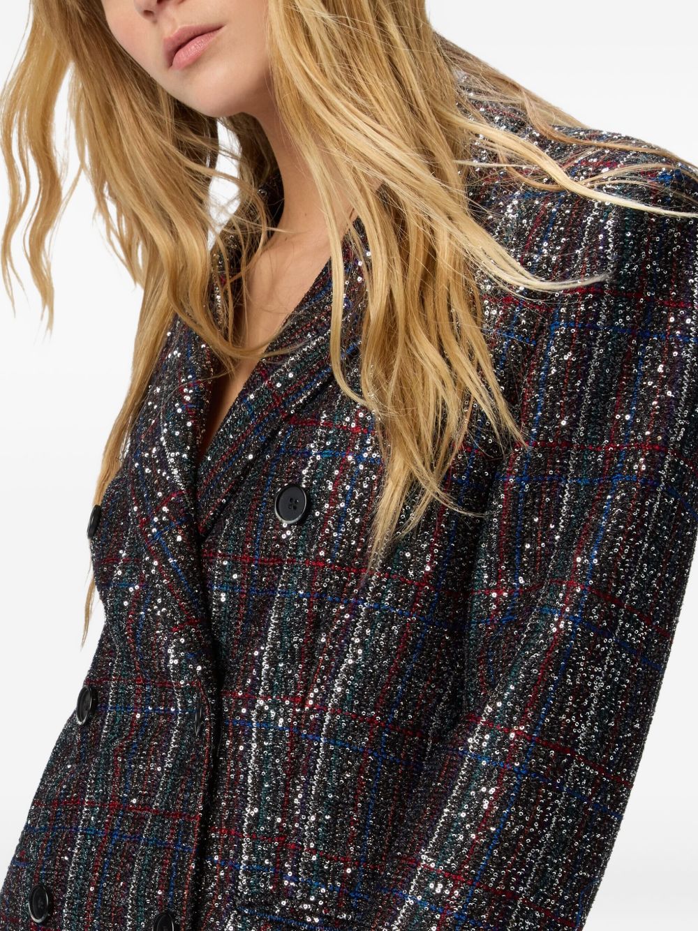Double-Breasted Blazer With Multicoloured Sequined Check Pattern