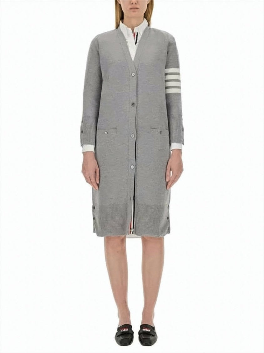 Light Grey Merino Wool Cardigan with Signature Stripe Accents