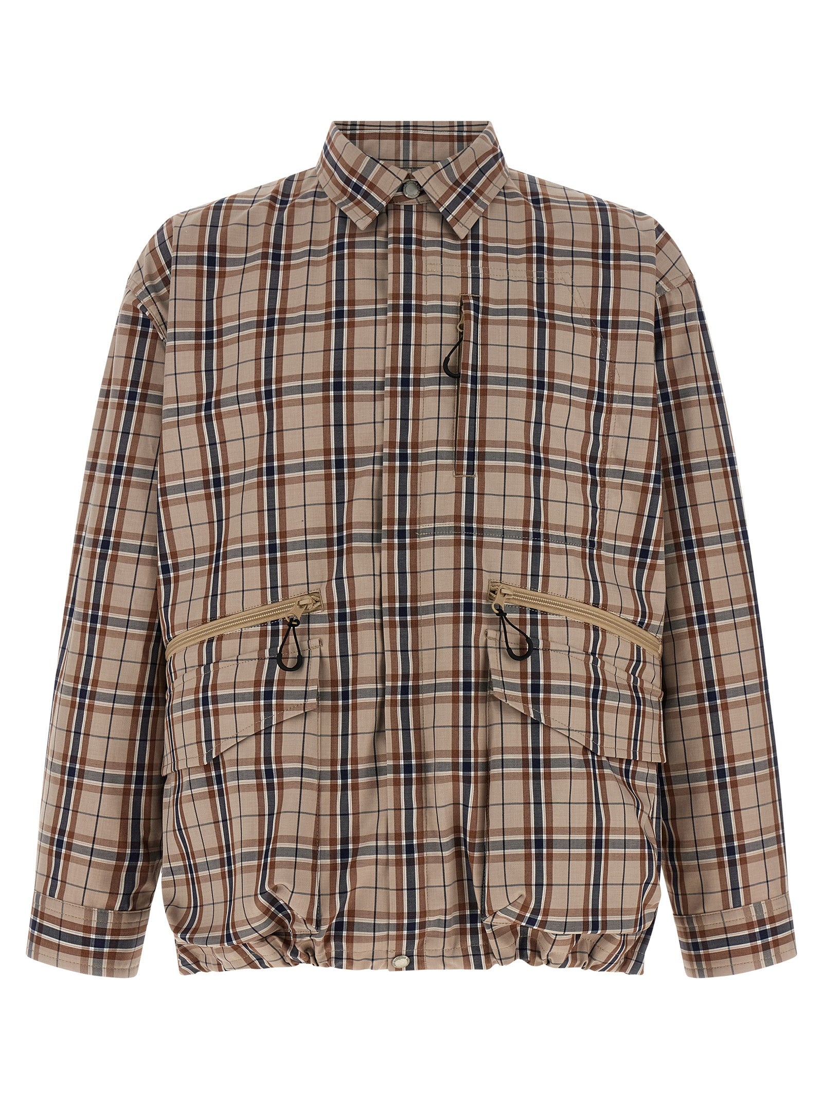 Beige Check-Print Cotton Blend Overshirt with Adjustable Cuffs