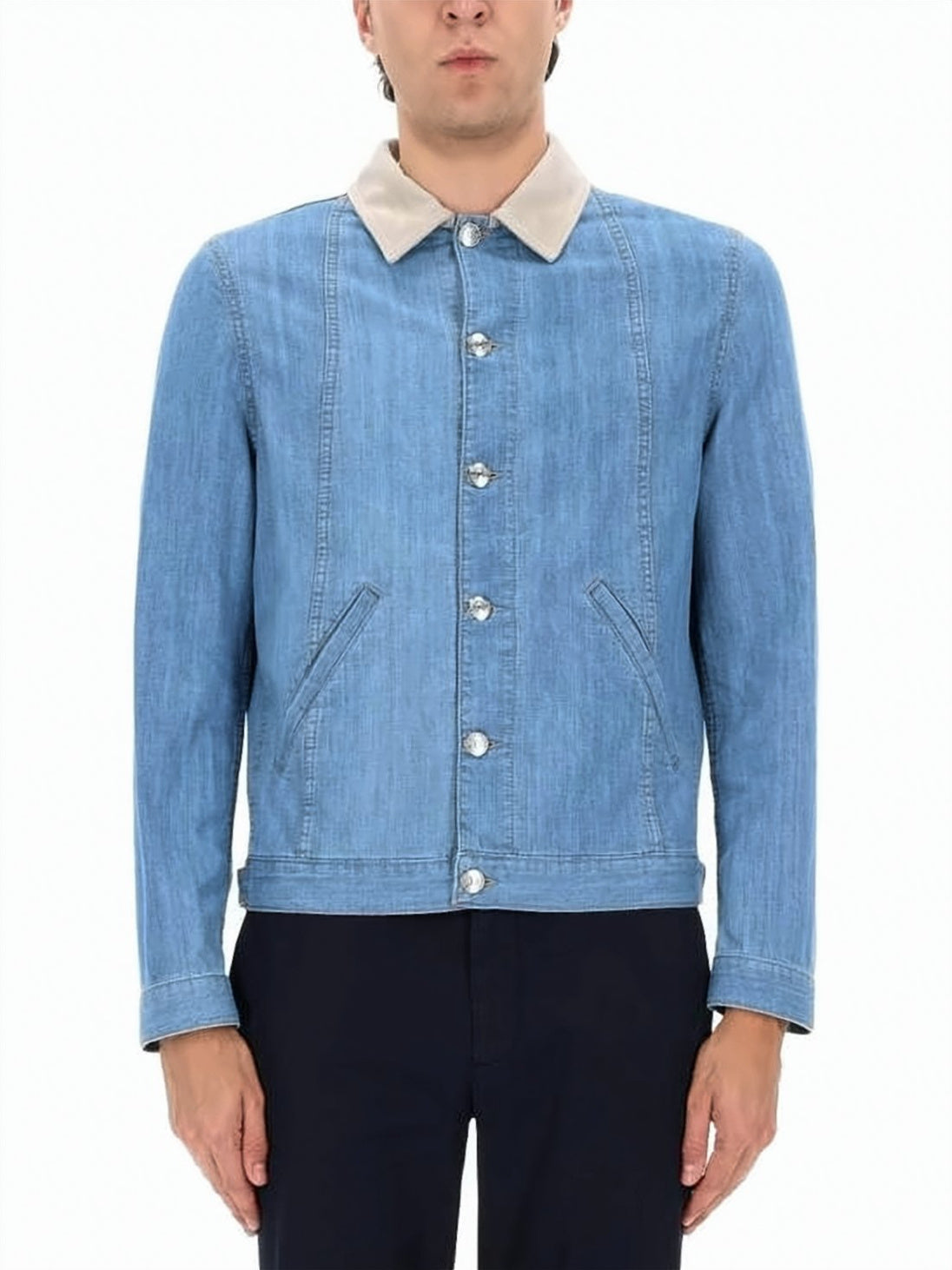 Light Blue Wash Denim Jacket with Contrasting Beige Collar