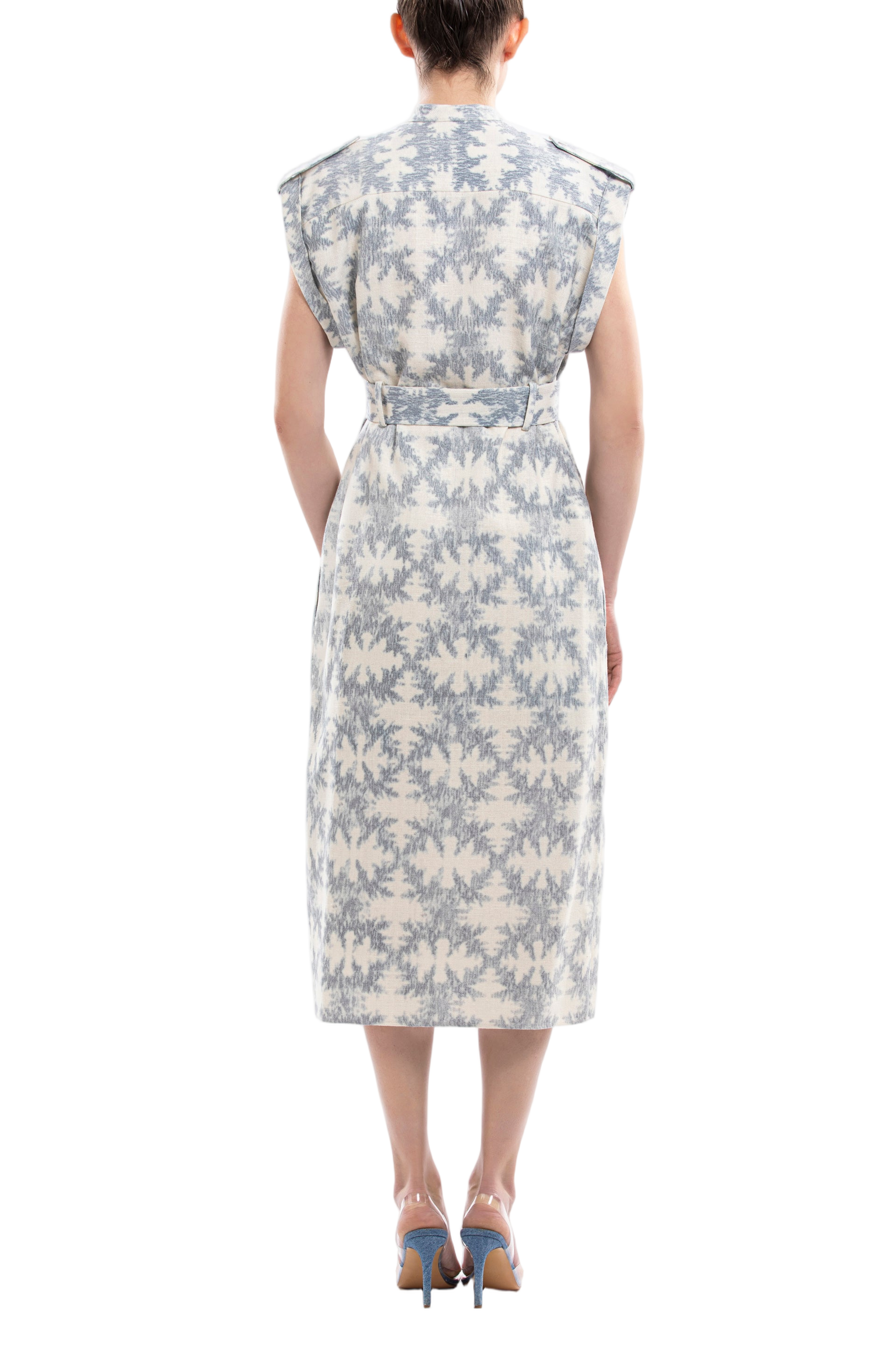 Structured Midi Linen Dress with Detachable Belt and Buttoning Tab