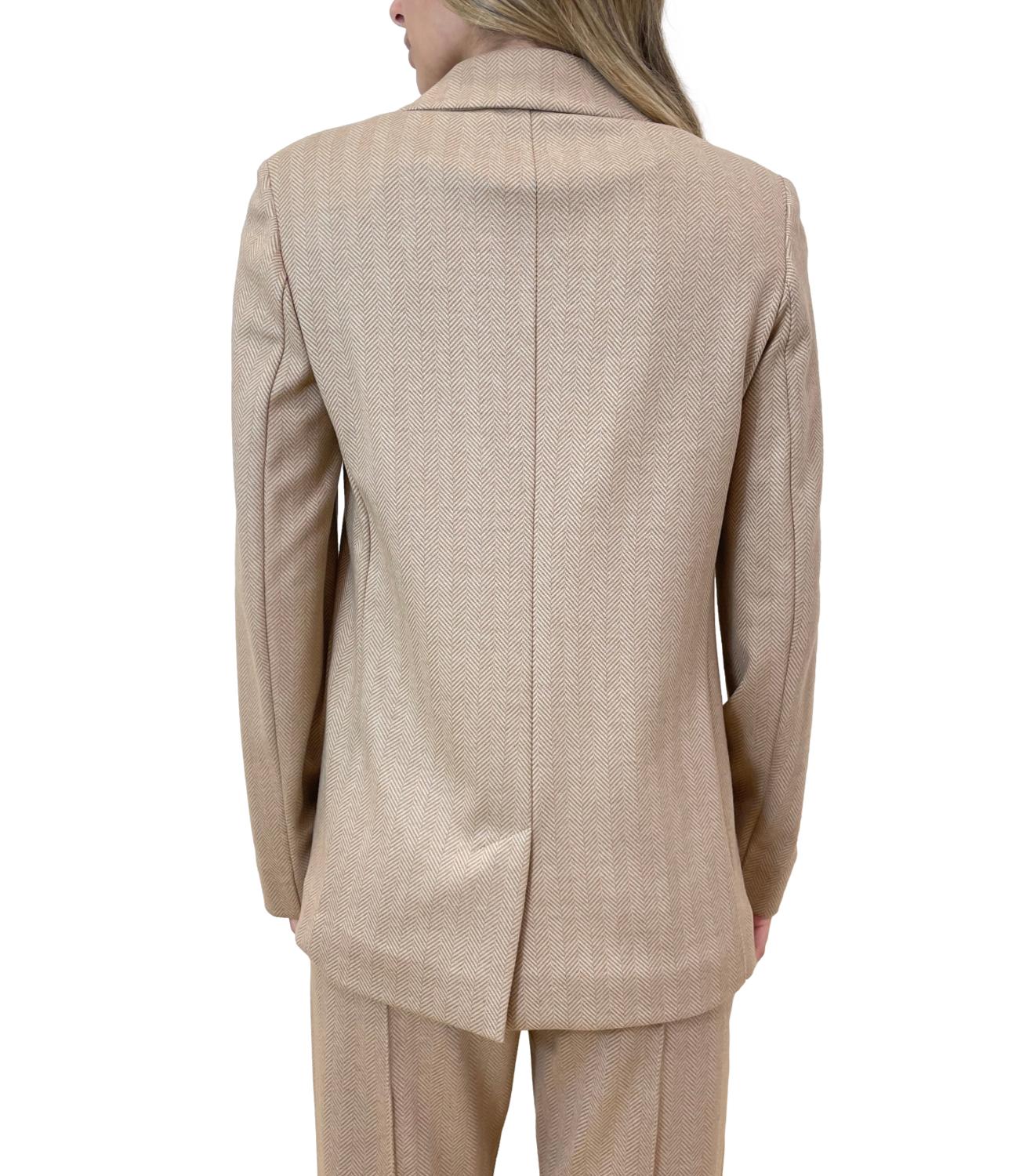 Double-Breasted Beige Herringbone Jacket With Wide Lapels