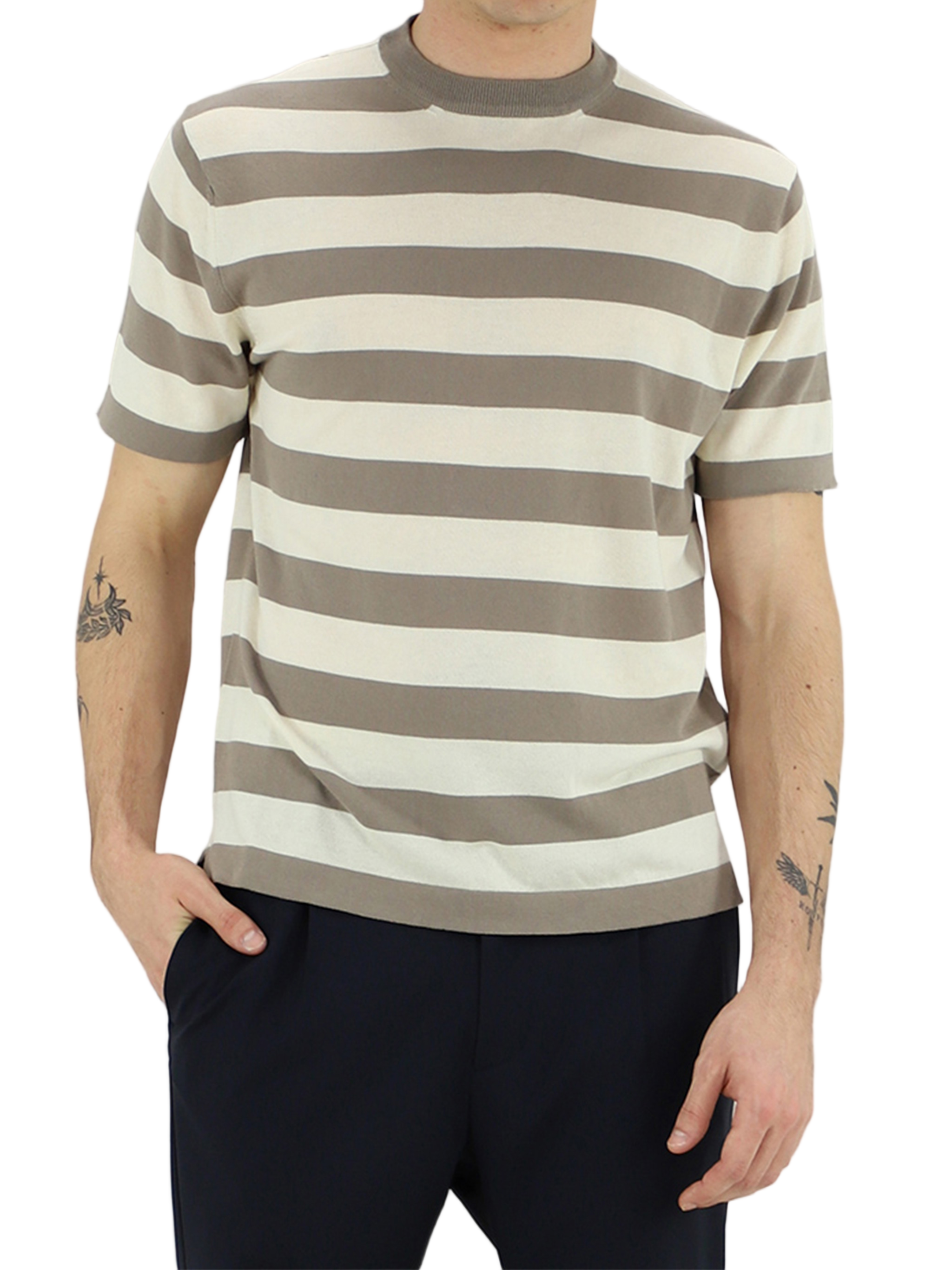 Short-Sleeved Horizontal Neutral Tone Striped T-Shirt