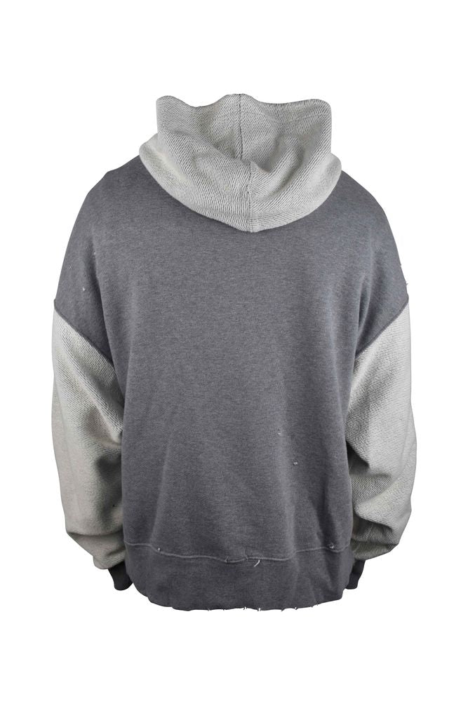 Patchwork Yoke Hooded Sweatshirt With Distressed Details