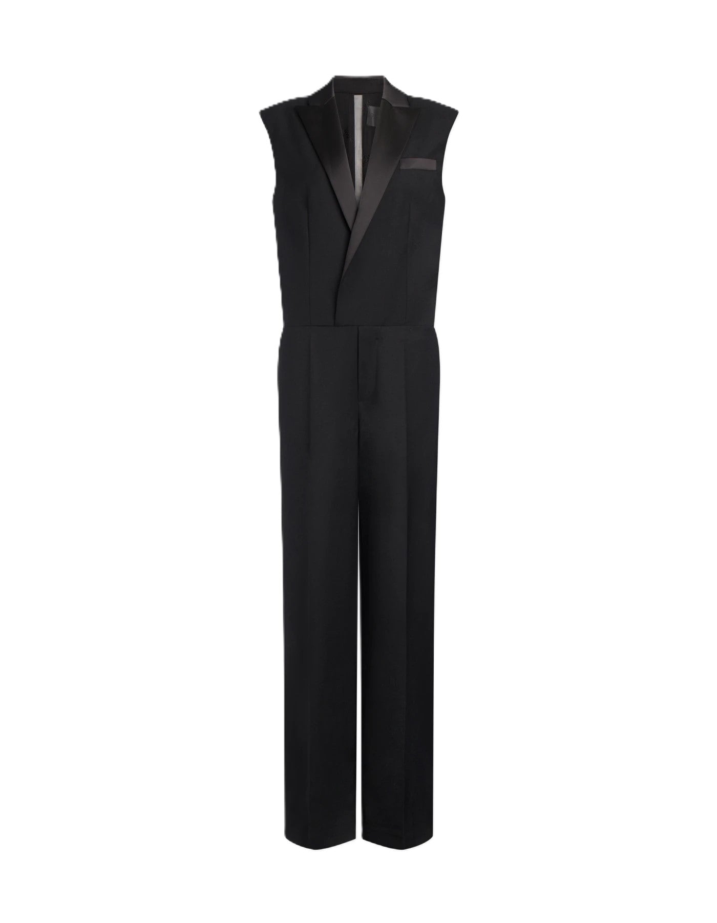Sleeveless Jumpsuit with Satin Lapels and Wide-Leg Design