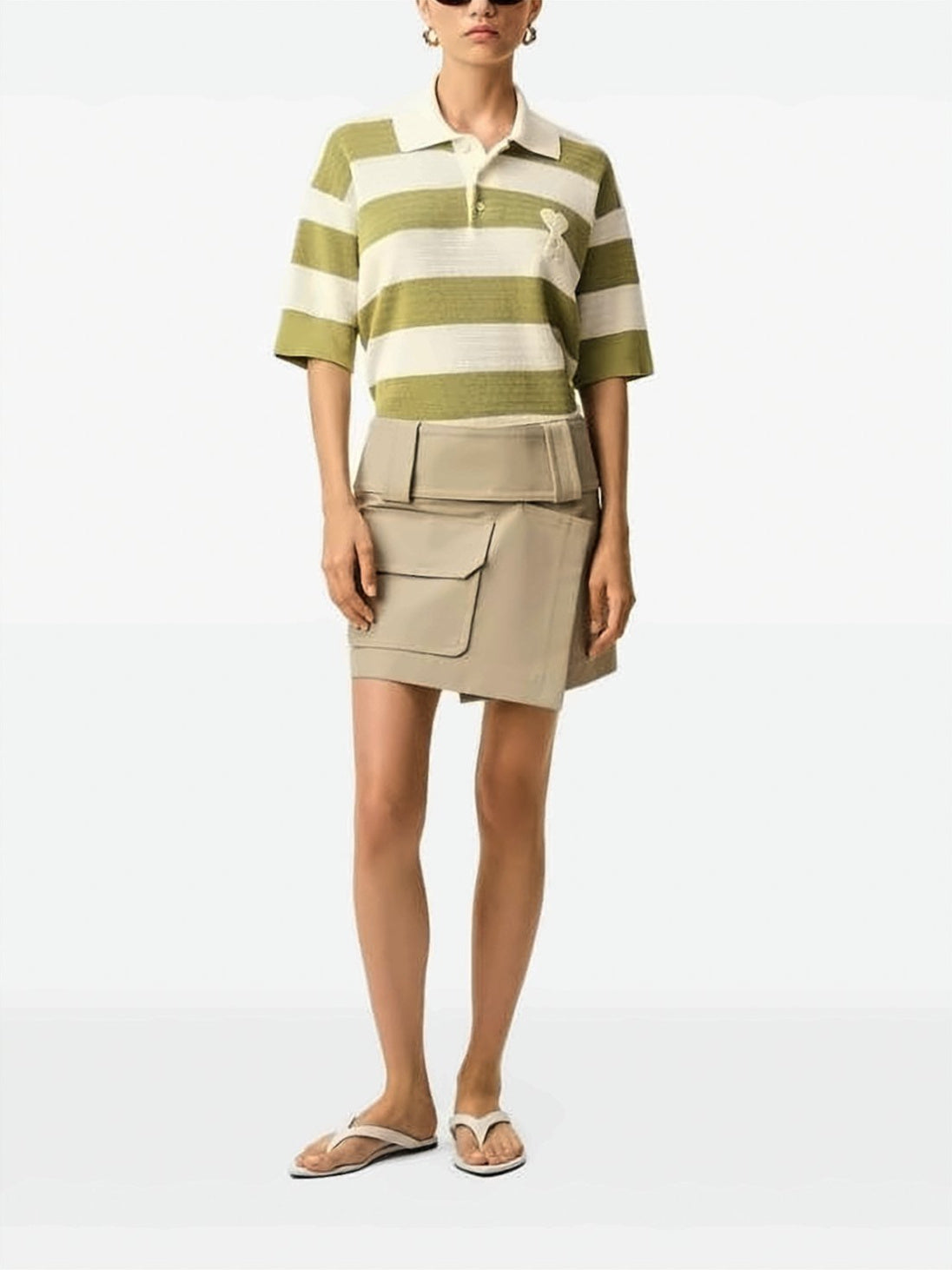 Olive Green Cream Horizontal Striped Polo