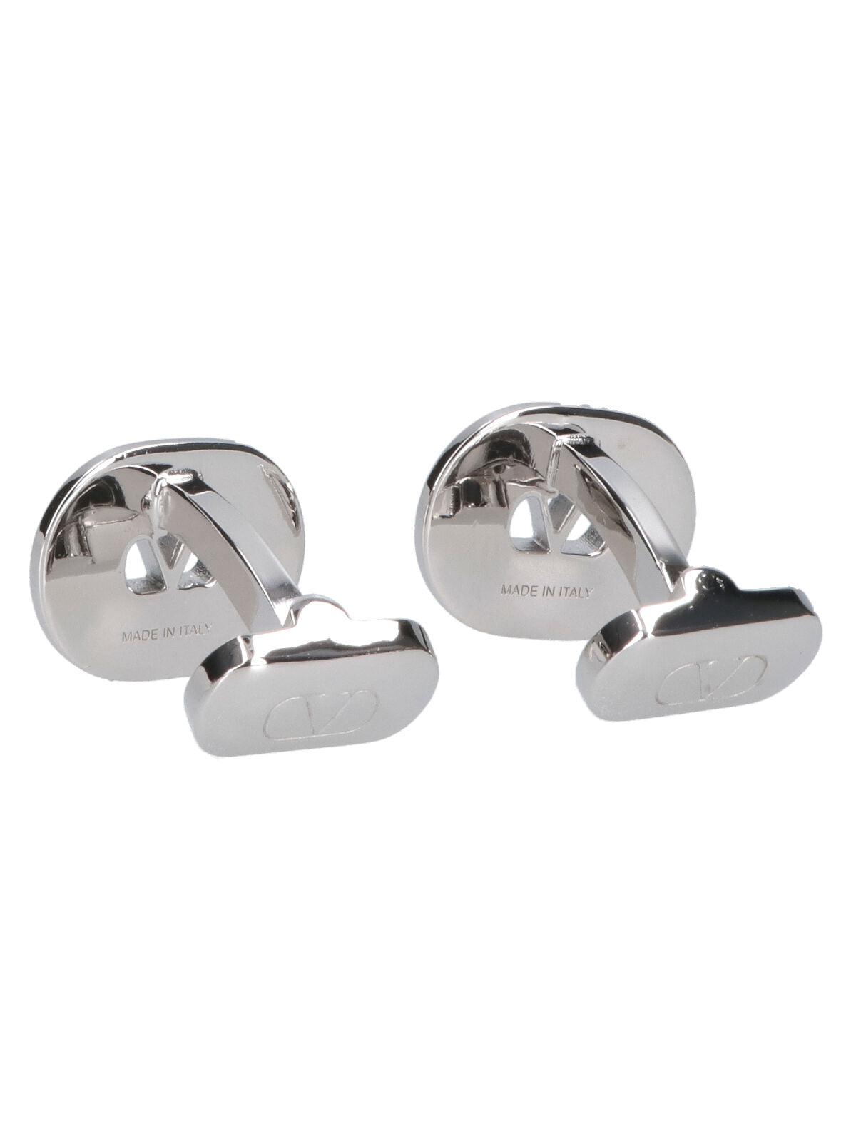 Oval-Shaped Silver Metallic Cufflinks with VLogo Detail
