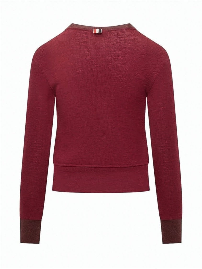 Cropped Burgundy Cardigan with Deep V-Neckline and Ribbed Details