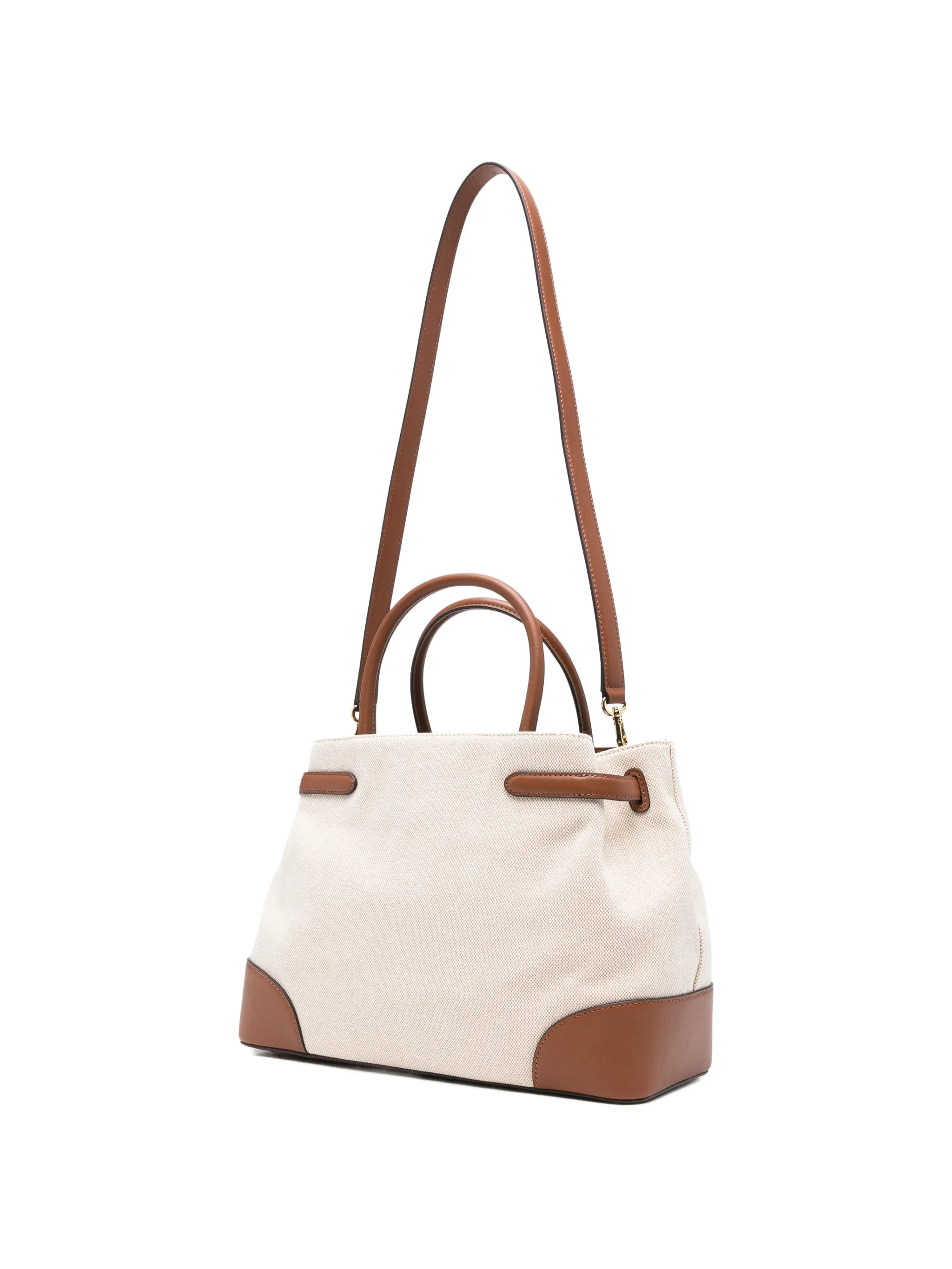 Structured Beige Canvas Handbag with Brown Leather Accents