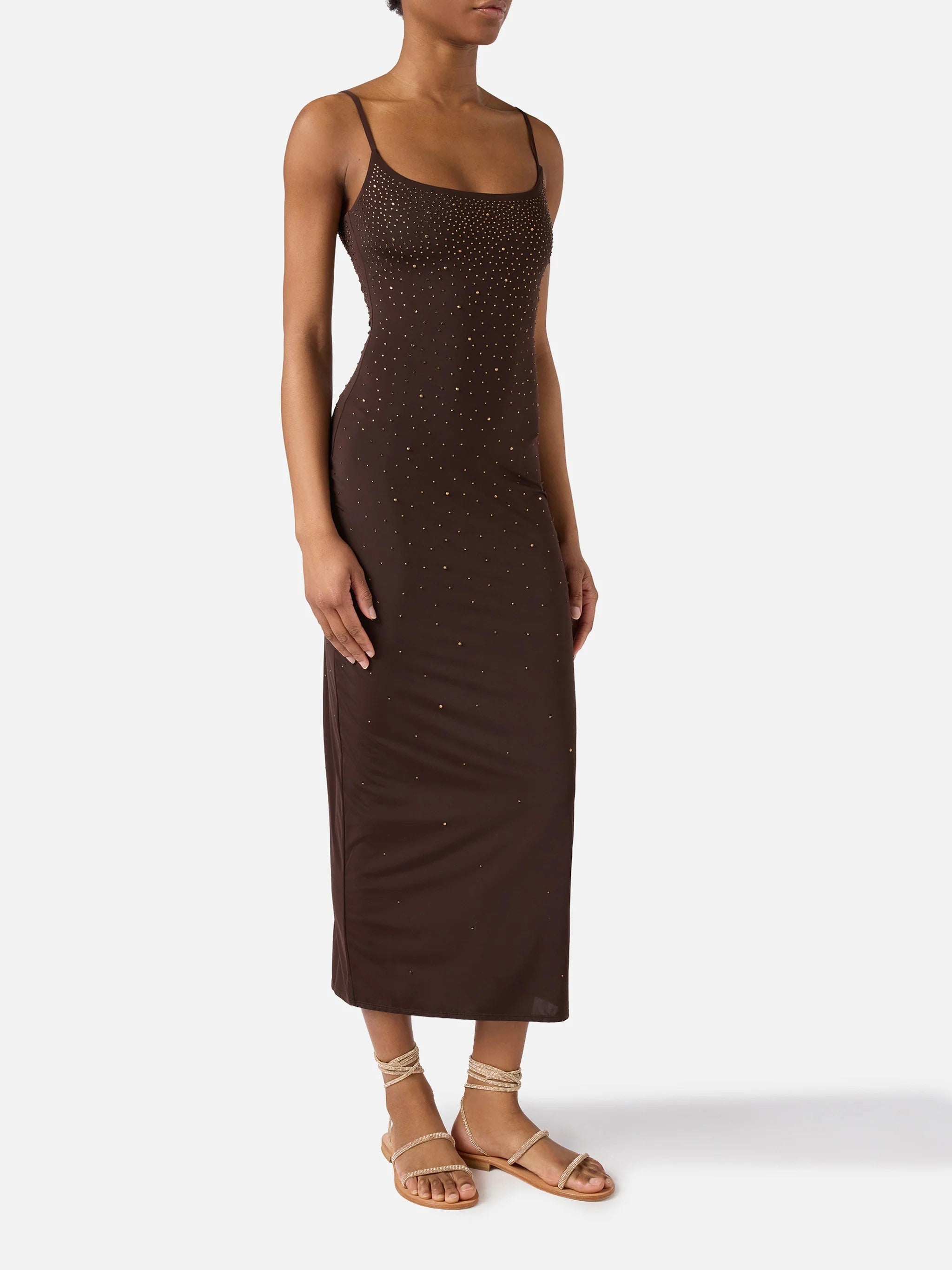 Midi-Length Dress with Spaghetti Straps and Gradient Embellishments