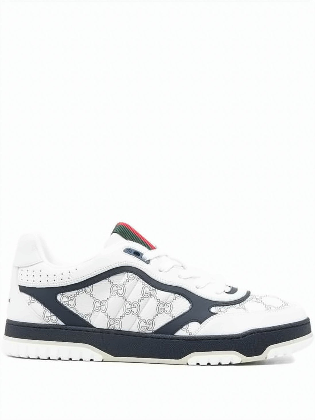 Low-Profile White Leather Sneakers with Navy Overlays and Monogram Side Panel