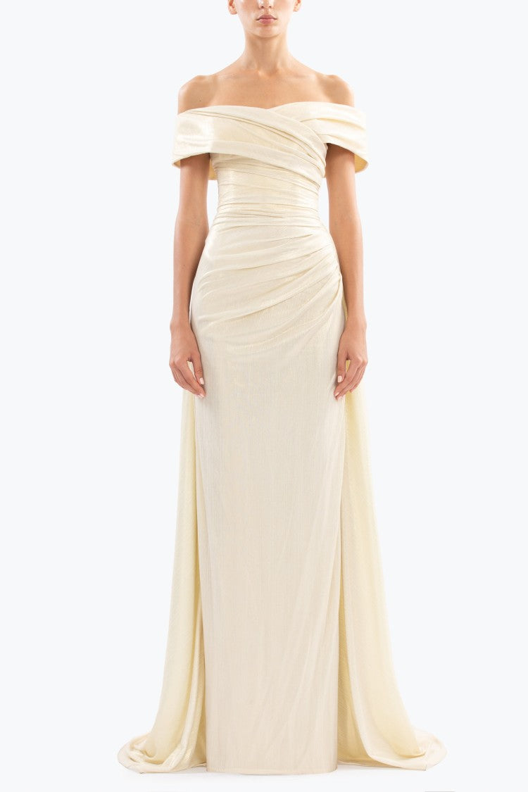 Gold Lame Off-Shoulder Dress