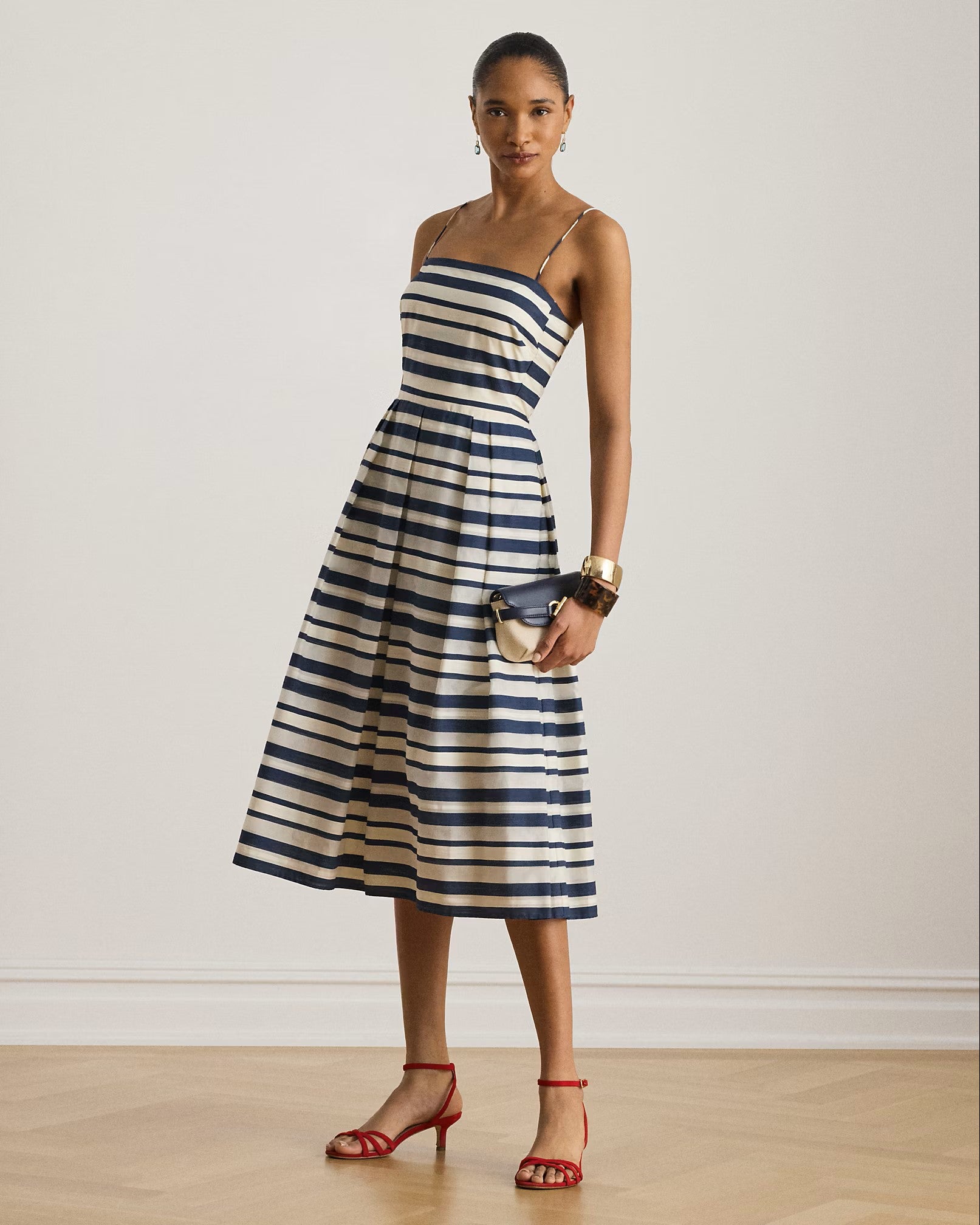 Navy Blue Woven Satin Stripe Dress