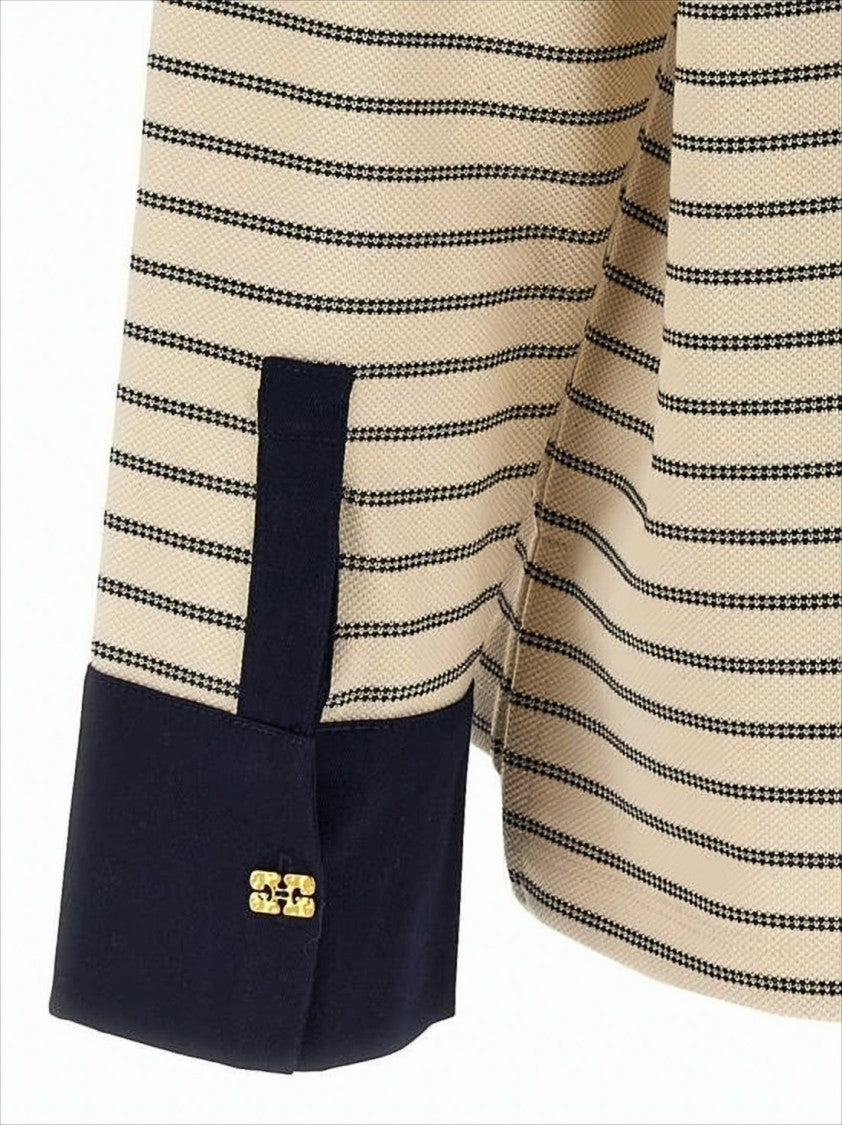 Boxy Striped Long-Sleeved Top with Gold-tone Accents