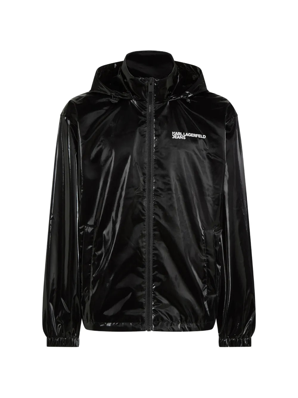 Glossy Black Finish Casual Jacket with Adjustable Hood