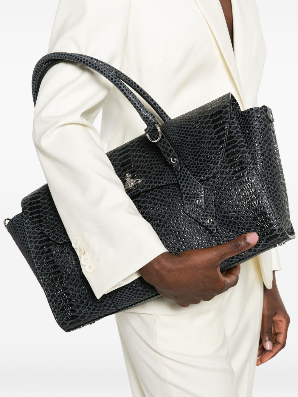 Dark Grey Snakeskin Textured Leather Bag