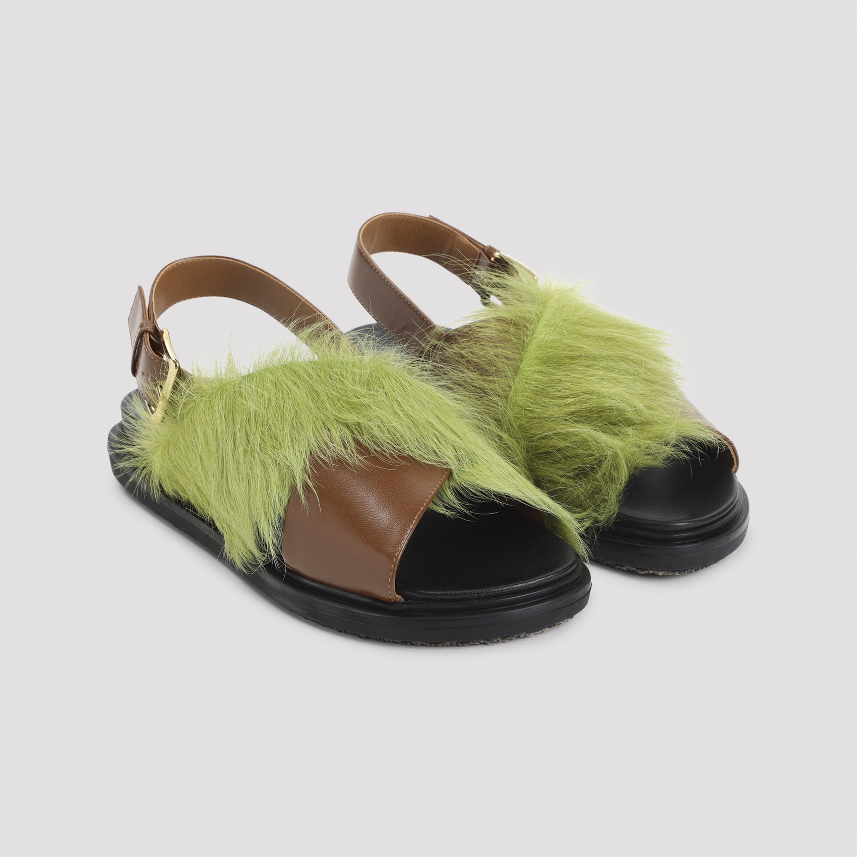 Chic Sandals with Green Fur Overlay