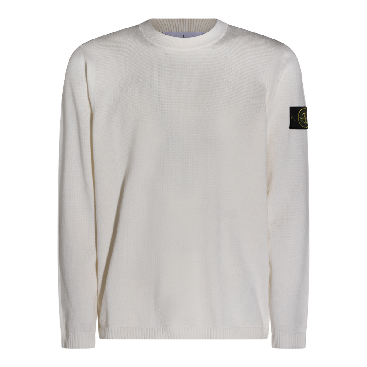 Textured Knit White Sweater With Crew Neckline