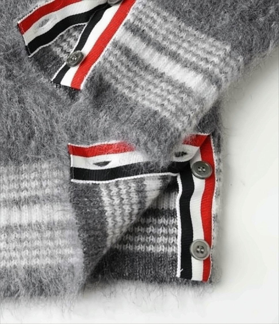 Plaid Textured Knit Cardigan with Contrasting Striped Details