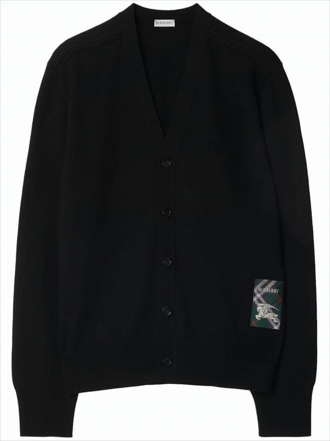 Classic V-Neck Black Wool Cardigan With Subtle Patch Detail