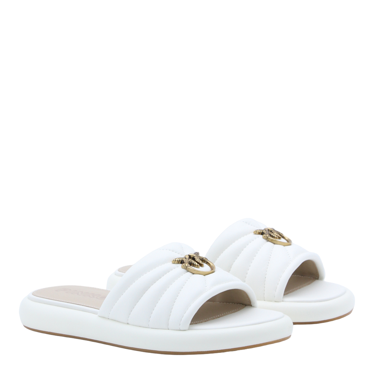 Quilted White Open-Toe Flats With Decorative Emblem