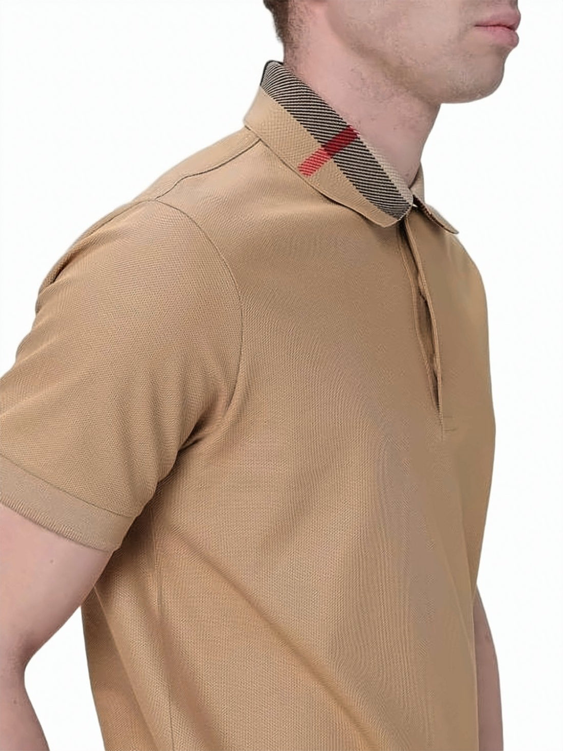 Short-Sleeved Polo Shirt with Check-Patterned Collar and Side Slits