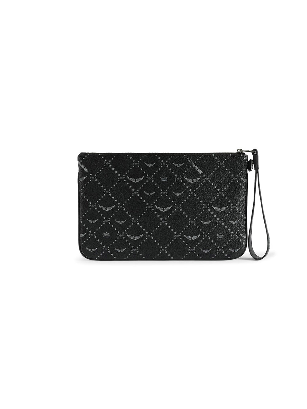 Rectangular Black Textured Wristlet Clutch with Distressed Logo