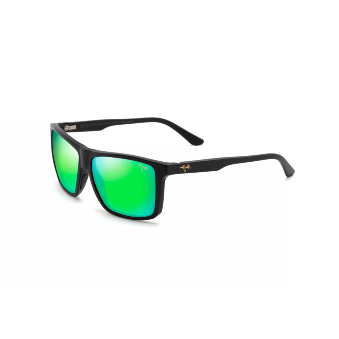 Mamalu Bay Rectangular Matte Black Sunglasses with Reflective Green Lenses
