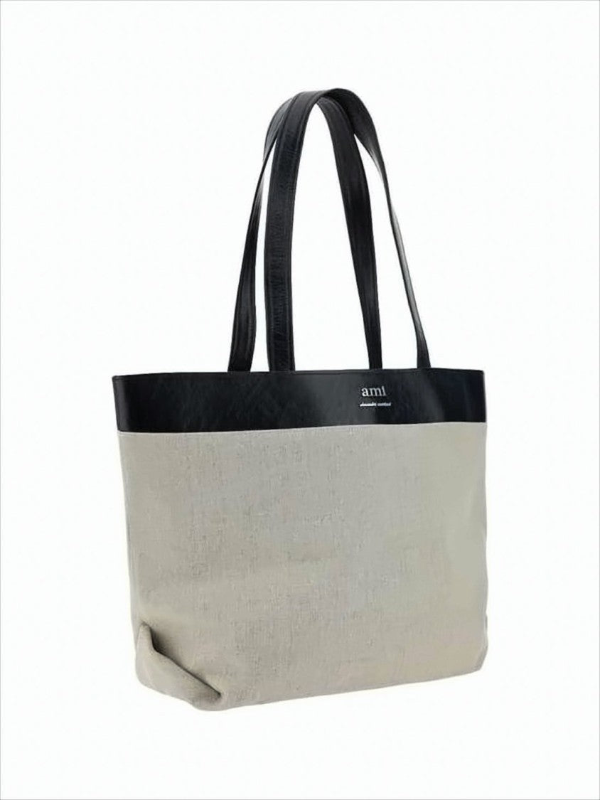 Beige Canvas Tote Bag With Black Leather Trim