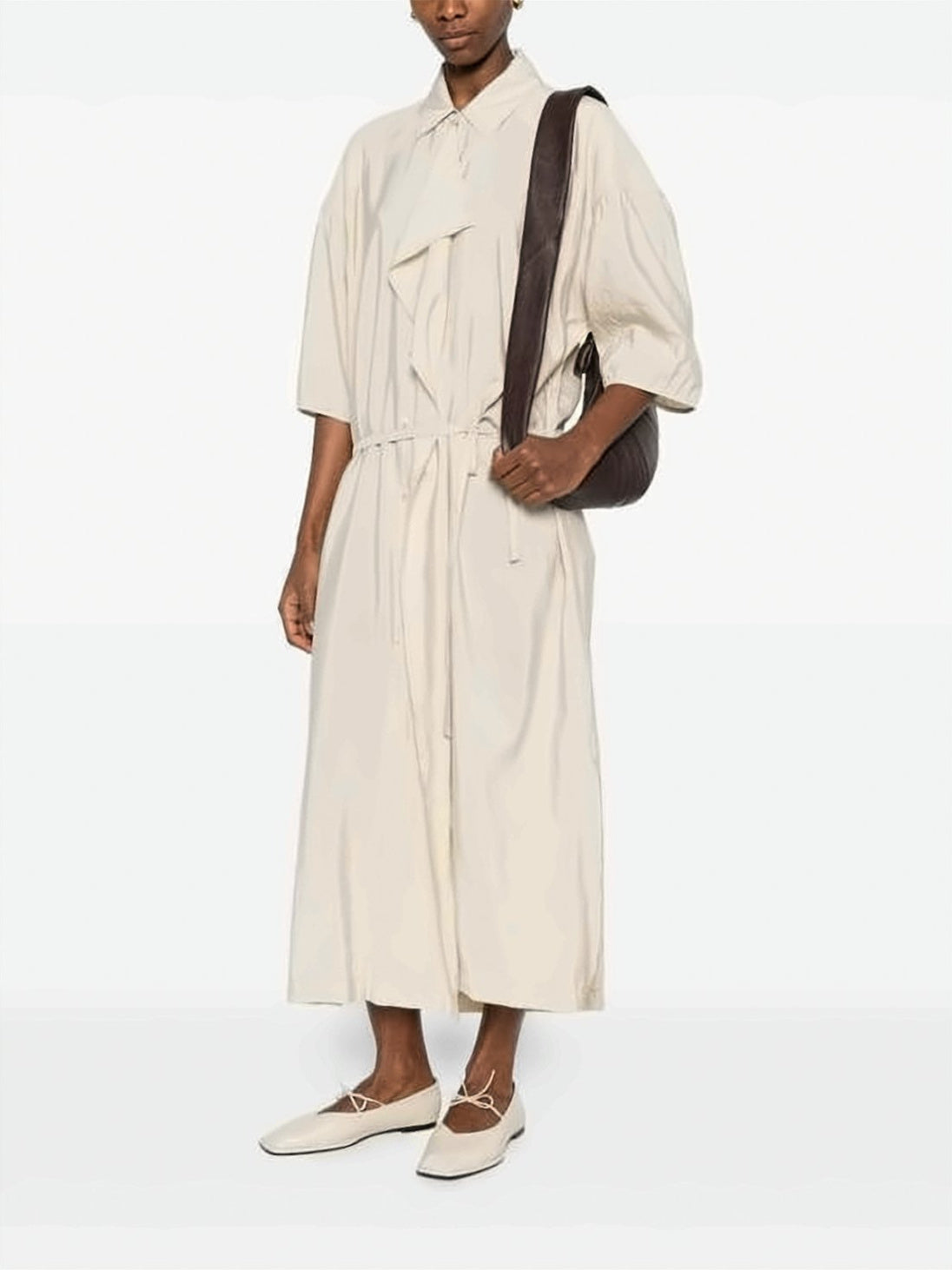 Asymmetrical Silk Blend Midi Dress With Puffed Sleeves