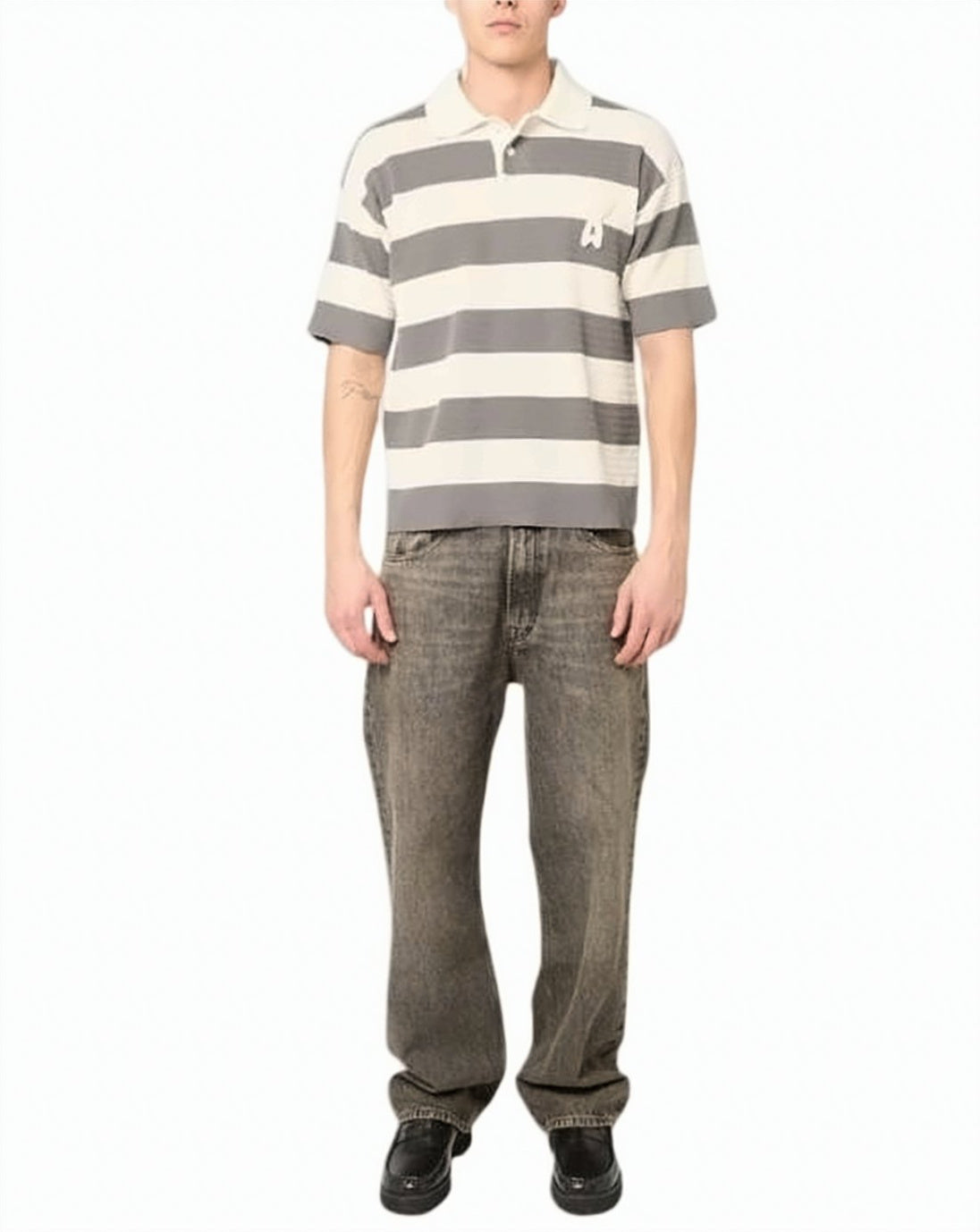 Neutrals Horizontal Striped Heart Emblem Polo
