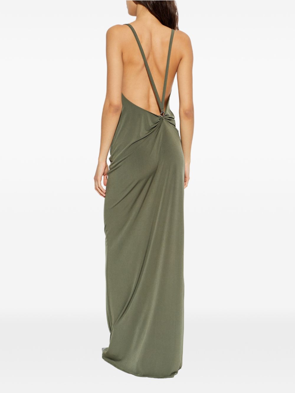Long Draped Cowl Neck Maxi Dress With Open Back Detail