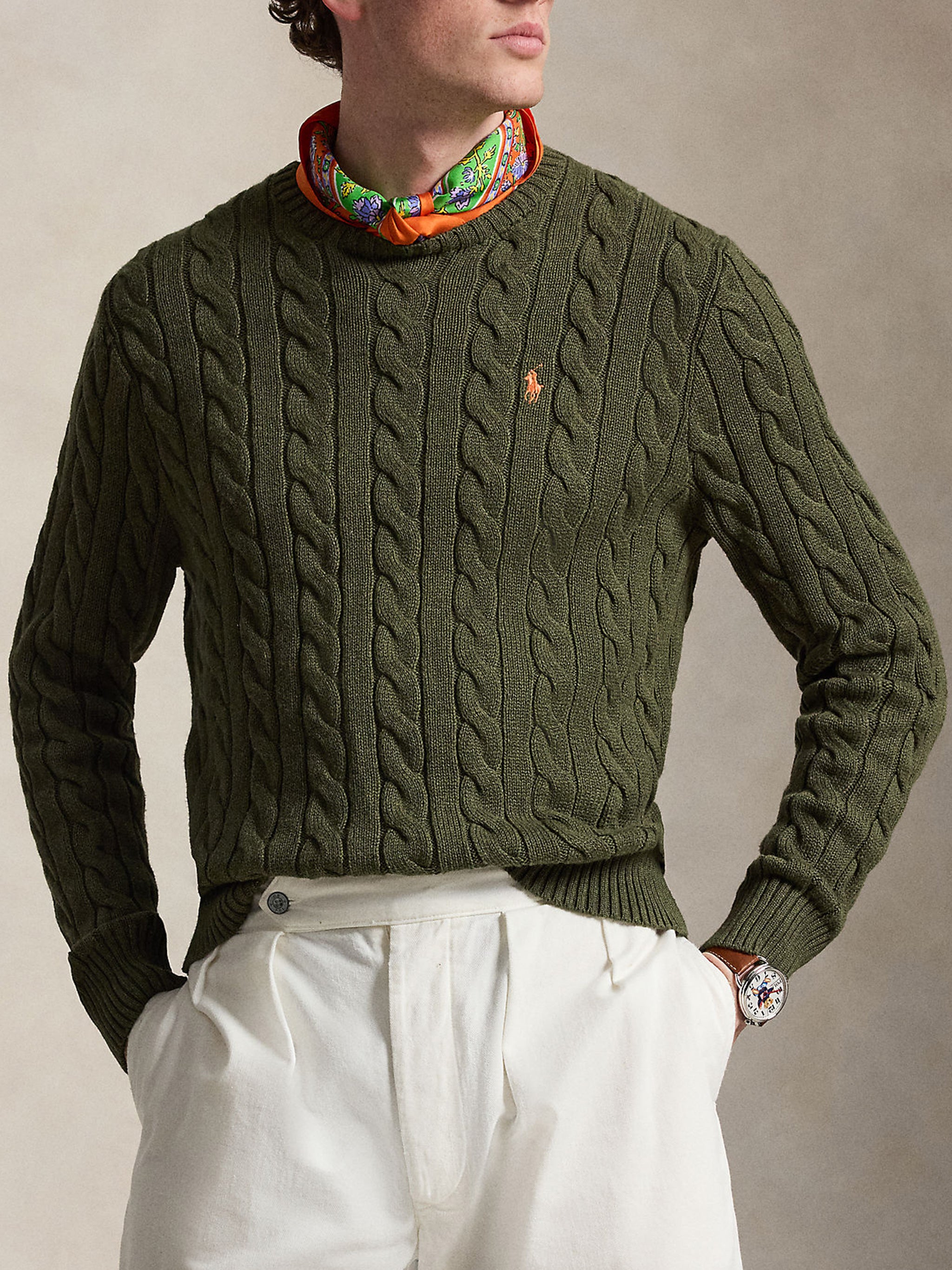 Green Pullover Cable Knit Cotton Sweater