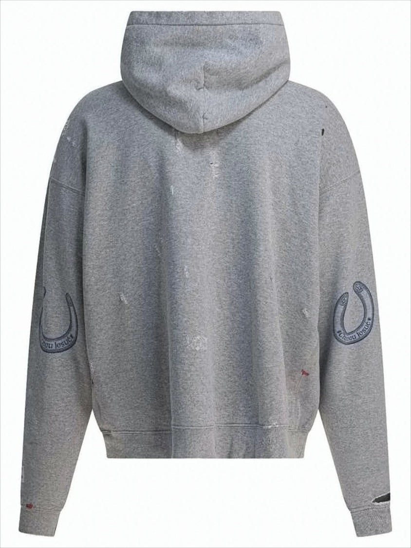 Heather Grey Distressed Hoodie With Graphic Detailing