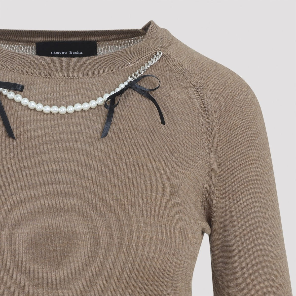 Fitted Long-Sleeve Sweater With Pearl Accents And Ribbon Detail