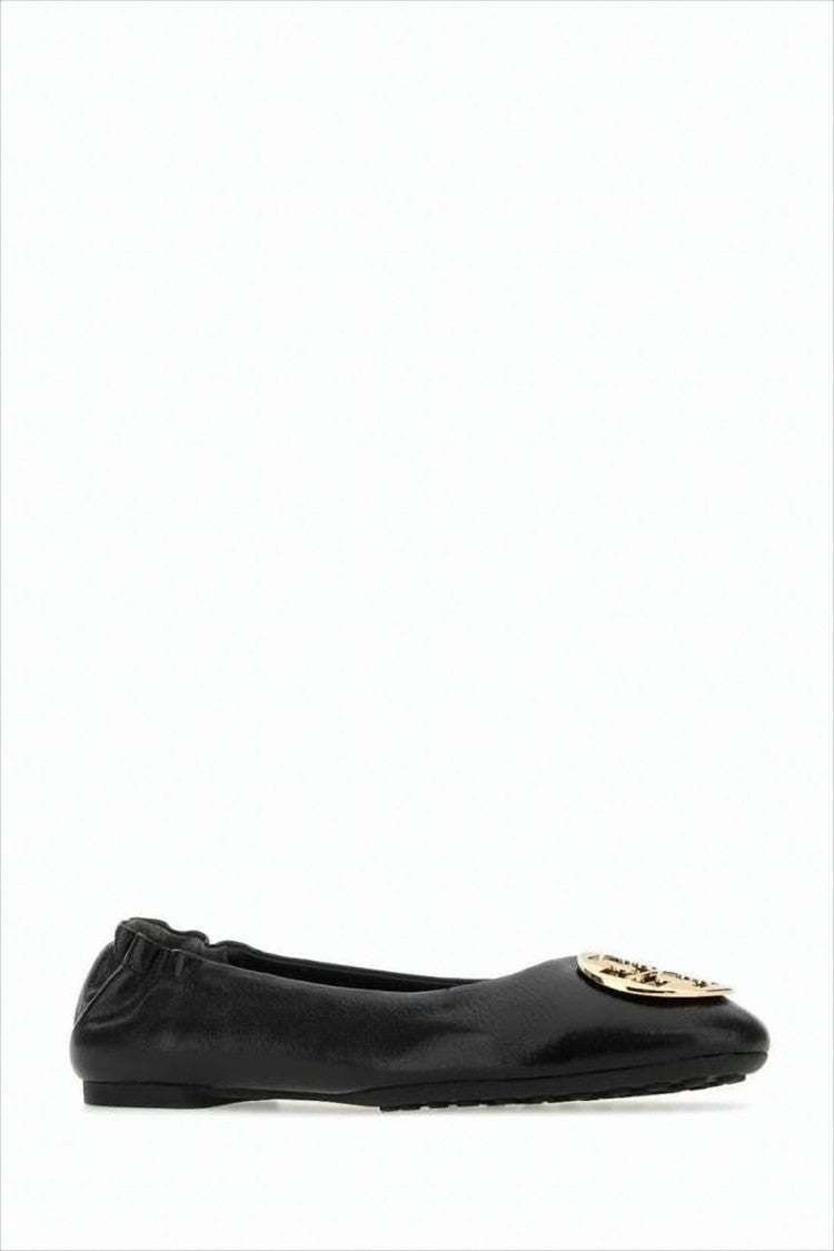 Glossy Black Flats with Gold-tone Emblem