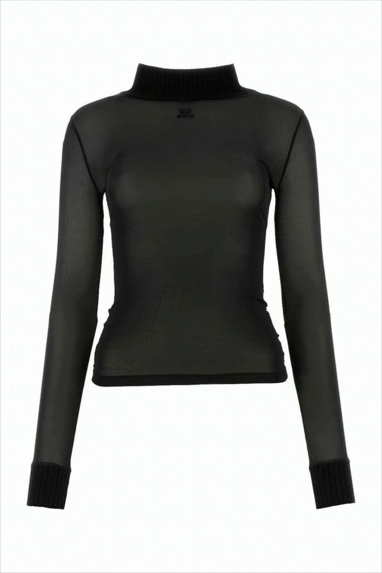 High-Neck Long-Sleeve Top with Ribbed Details